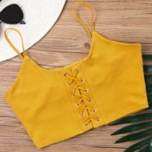ZAFUL Mustard Knitted Lace Up Crop Top